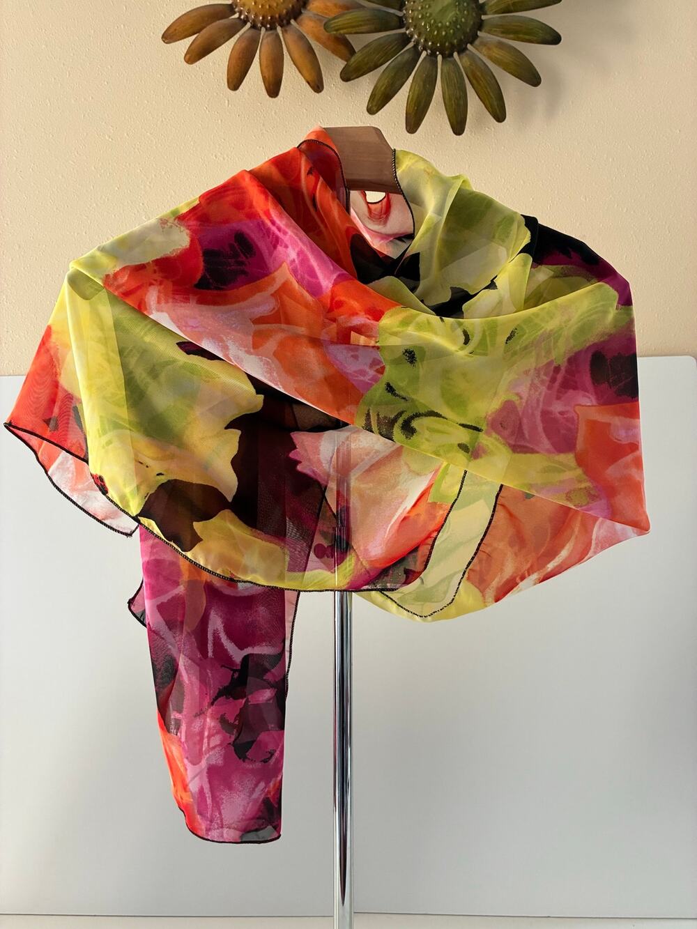 Colorful Chiffon Scarf Watercolor Floral Design Pink Orange Green Black 58"x22"